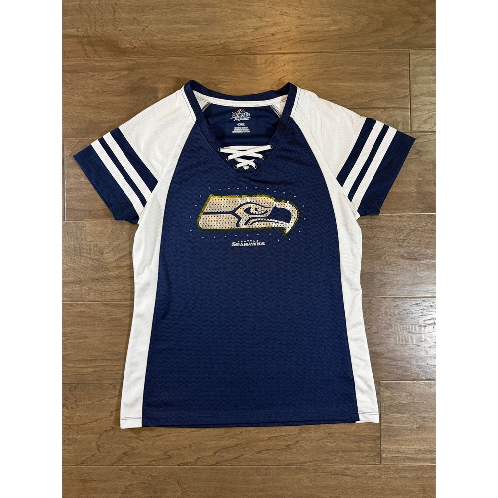 Majestic Seattle Seahawks Lace Up Sequin Jersey Shirt Navy Blue White Womens L